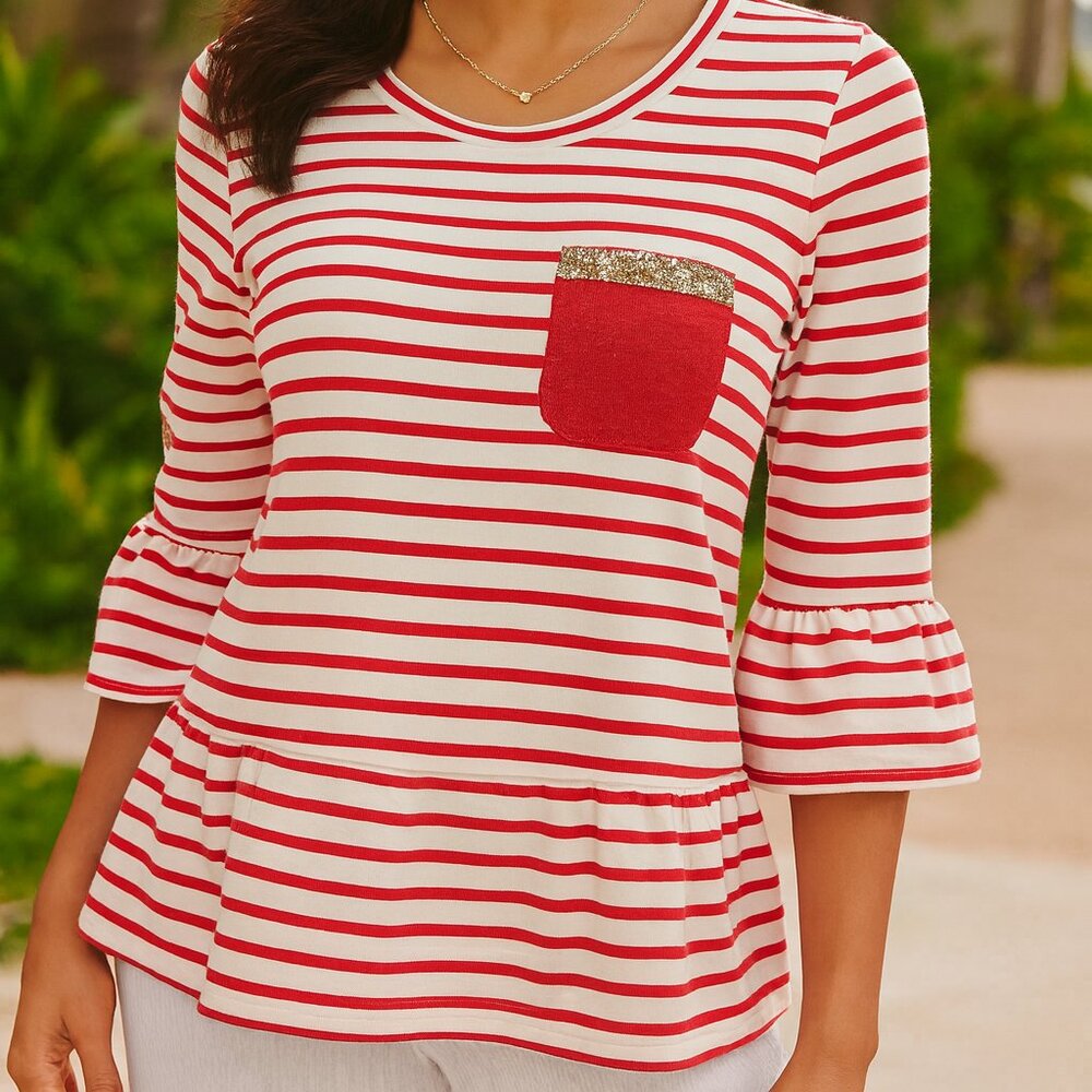 LINEA DOMANI LMTD Collection Pink White Stripe 3/4 Sleeve Embellished Blouse